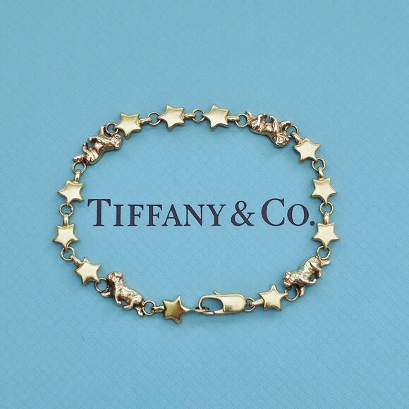 OOAK Vintage Tiffany & Co. Chain Of Star Bulldog Puffed Link 18k YG Bracelet - Picture 1 of 12